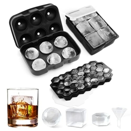 AcrossSea Eiswürfelform Silikon Combo Formen - 3er Set, Kugel-Eis Bereiter, große Würfel & sechseckige Eisformen mit Deckel, Flexible Eiswürfelform für Whiskey, LFGB zertifiziert und BPA-frei - 1